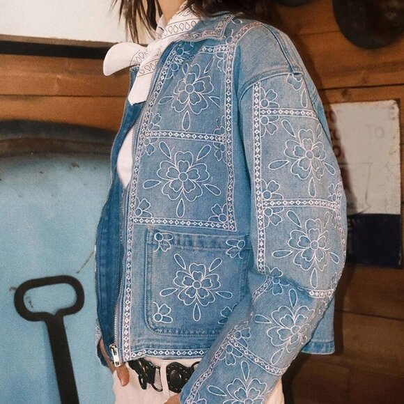 Blue Casual Women's Flower Embroidery Denim Jacket - Picture 7 of 11